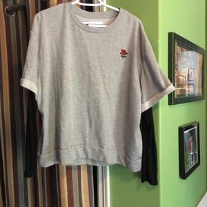 Grey T-Shirt With Sheer Sleeves & Rose Embroidery